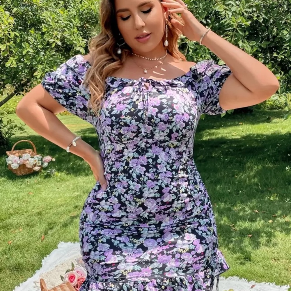 SHEIN Purple Floral Off-Shoulder Midi Dress